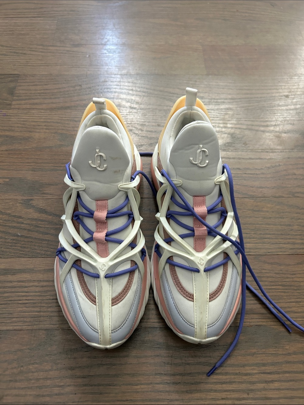 Jimmy Choo White Sneakers with Pastel Pink, Lavender & Peach Accents worn once!